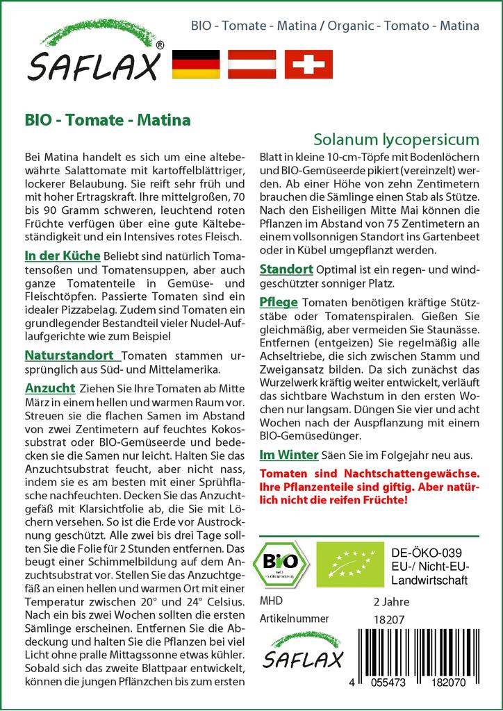 SAFLAX Organic - Tomato - Matina - 10 Seeds - With Potting Substrate for Better Cultivation - Solanum Lycopersicum