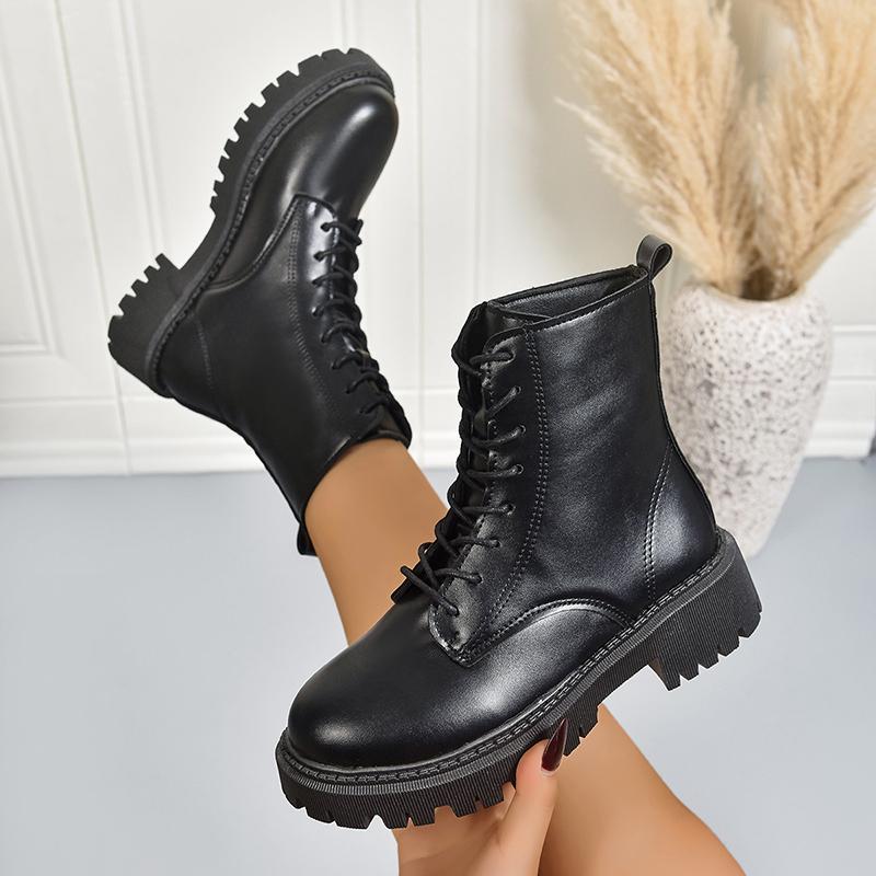 Women's Fashion Black Platform Ankle Boots Round Toe Lace Up Non Slip Combat Boots Woman Autumn Winter PU Leather Botines Mujer