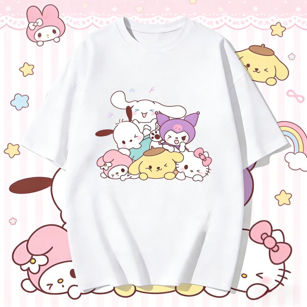 Summer Cute Sanrio Characters Stacked Print Tshirt Casual Short Sleeve Tees for Mom and Daughter Sweet Family Matching Outfits