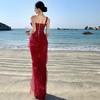 Red engagement dress high-end light luxury niche heavy industry lace sexy fishbone waist tube top dress birthday dress