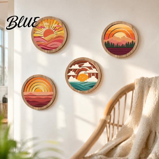 Four Piece Mountain Wall Decor 4Pcs Boho Sunset Art Abstract Landscape Round Hanging Ornaments Decorative Wooden Rounds for Living Room Bedroom