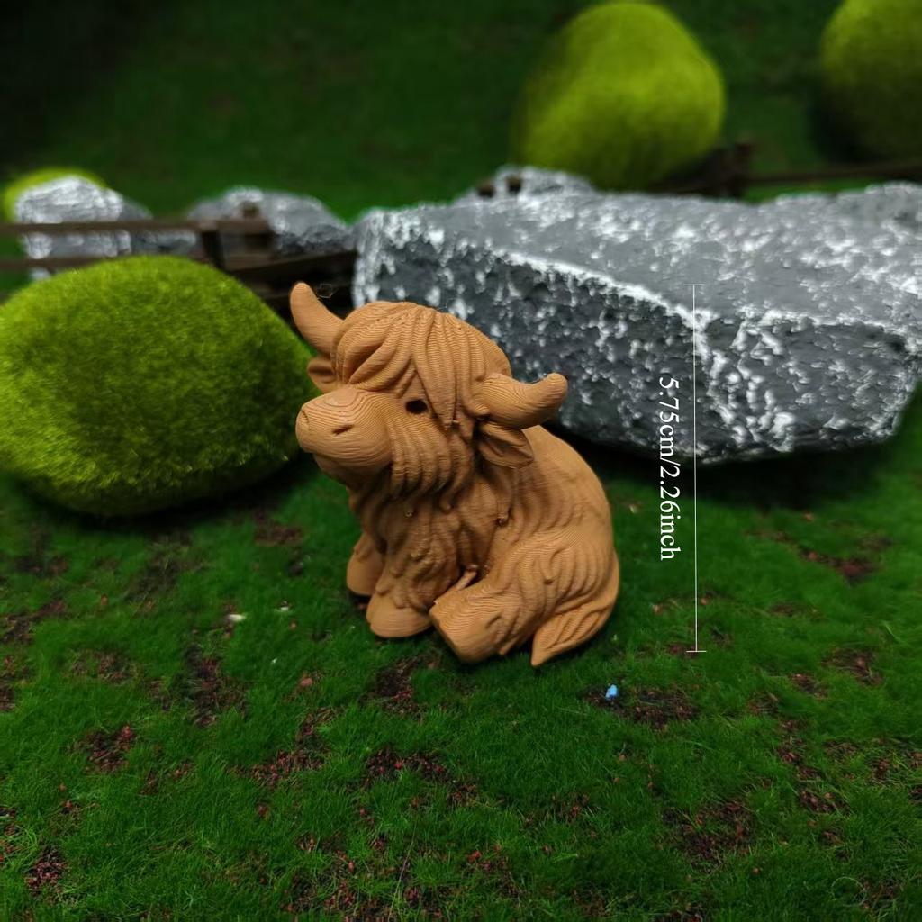 3D Printed Highland Cow Mini Figurine Desktop Micro Landscape Car Mounted Bonsai Decor Home Office Tabletop Animal Ornament Gift