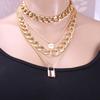 Geometric Multi Layer Alloy Necklace With Lock Pendant For Fashionable Women