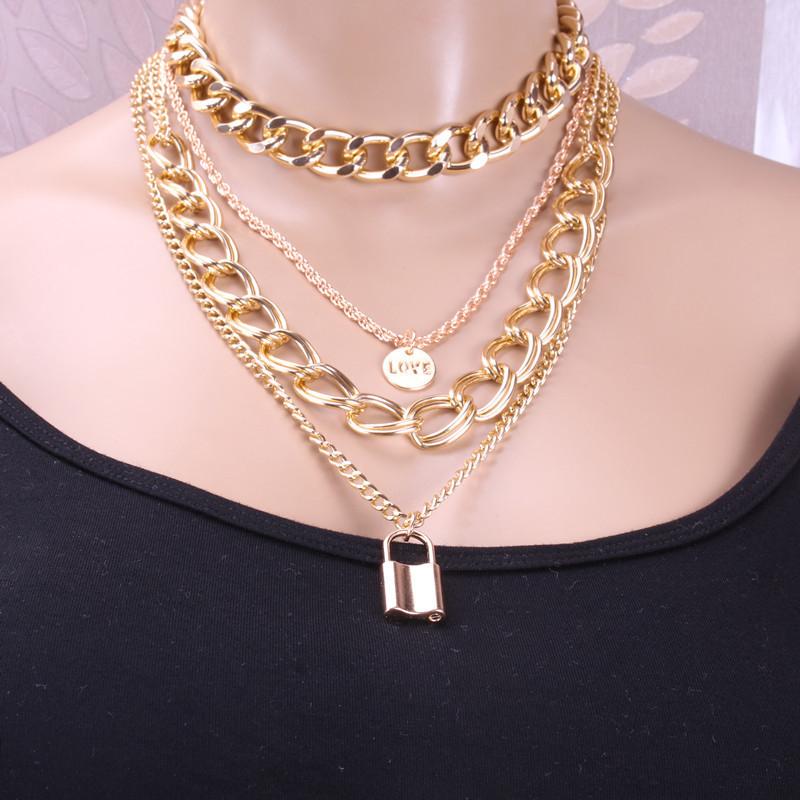 Geometric Multi Layer Alloy Necklace With Lock Pendant For Fashionable Women