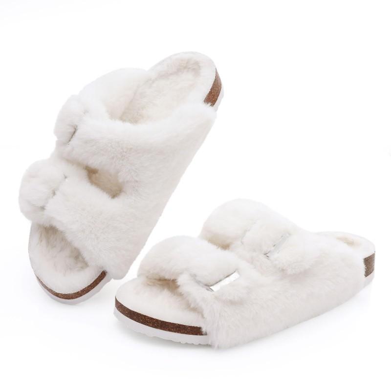 Fashion Kidmi Womens Fuzzy Slippers with Arch Support Adjustable Buckles New Fashion Cork Footbed Slides Open Toe Indoor Shoes for Women