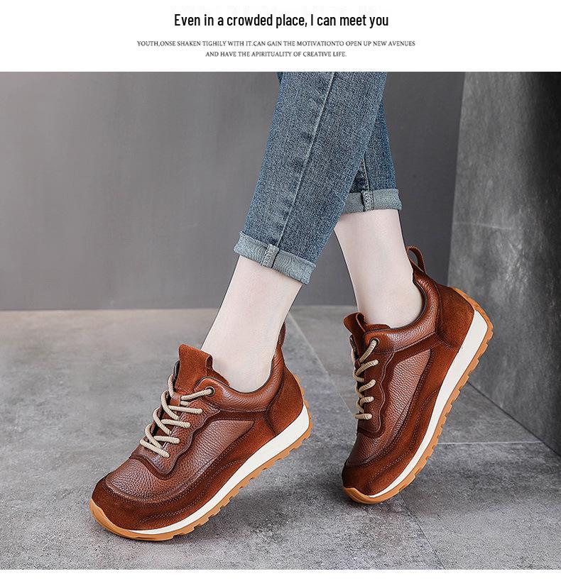 Women's Thick Sole Genuine Leather Dad Shoes - Height-Increasing, Casual Autumn/Winter Sports Sneakers