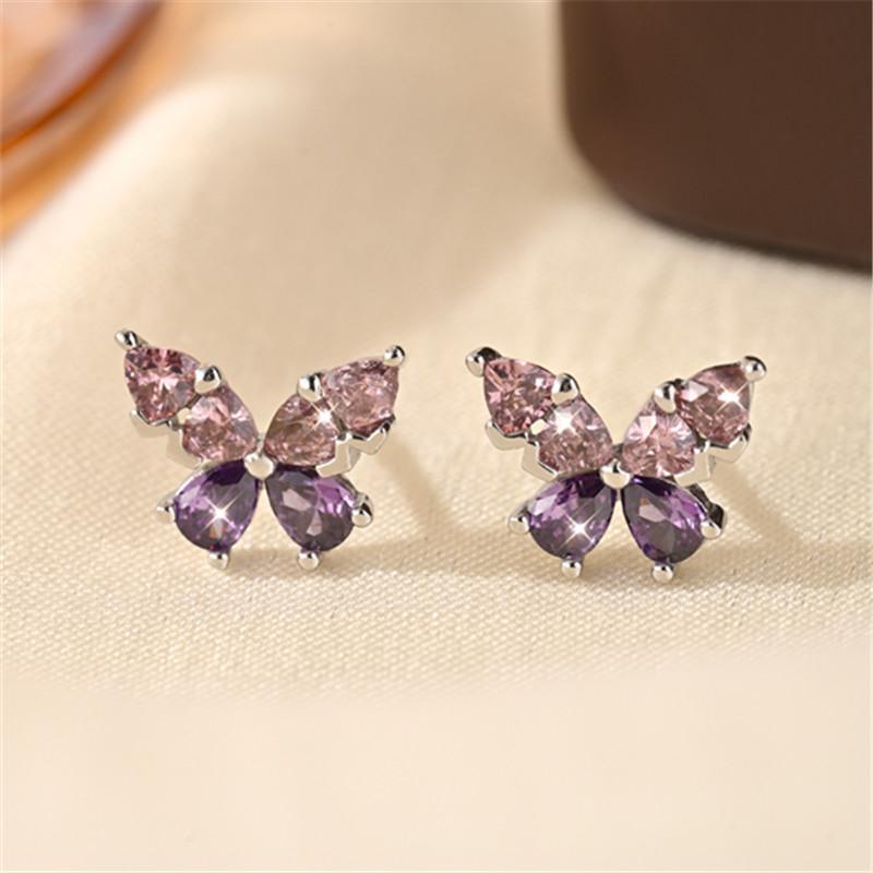 9925 Sterling Silver Exquisite Purple Zircon Butterfly Earrings for Women French Romantic Wedding Accessories Gift