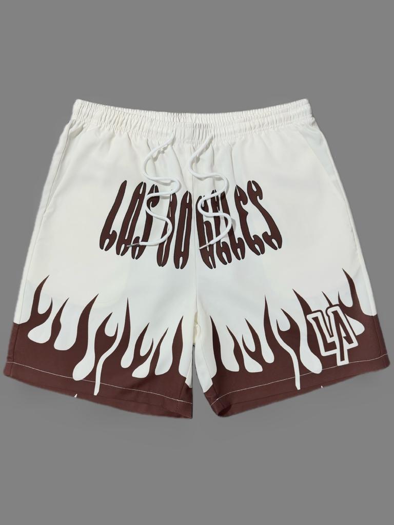 Men Gothic Angel Graffiti 3D Print Mesh Beach Shorts Elastic Drawstring Loose Straight Casual Summer Board Shorts