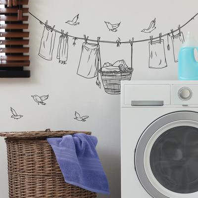 Einfache Wäscheleine Kleider Trockenseil Kleiner Vogel Waschküche Zuhause Hintergrundwand Verschönerungsaufkleber