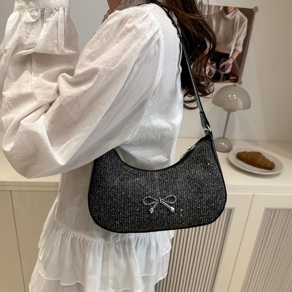 

Solid Color Bowknot Shoulder Bag Shiny Women Handbag Portable Underarm Tote Bag Travel срібний