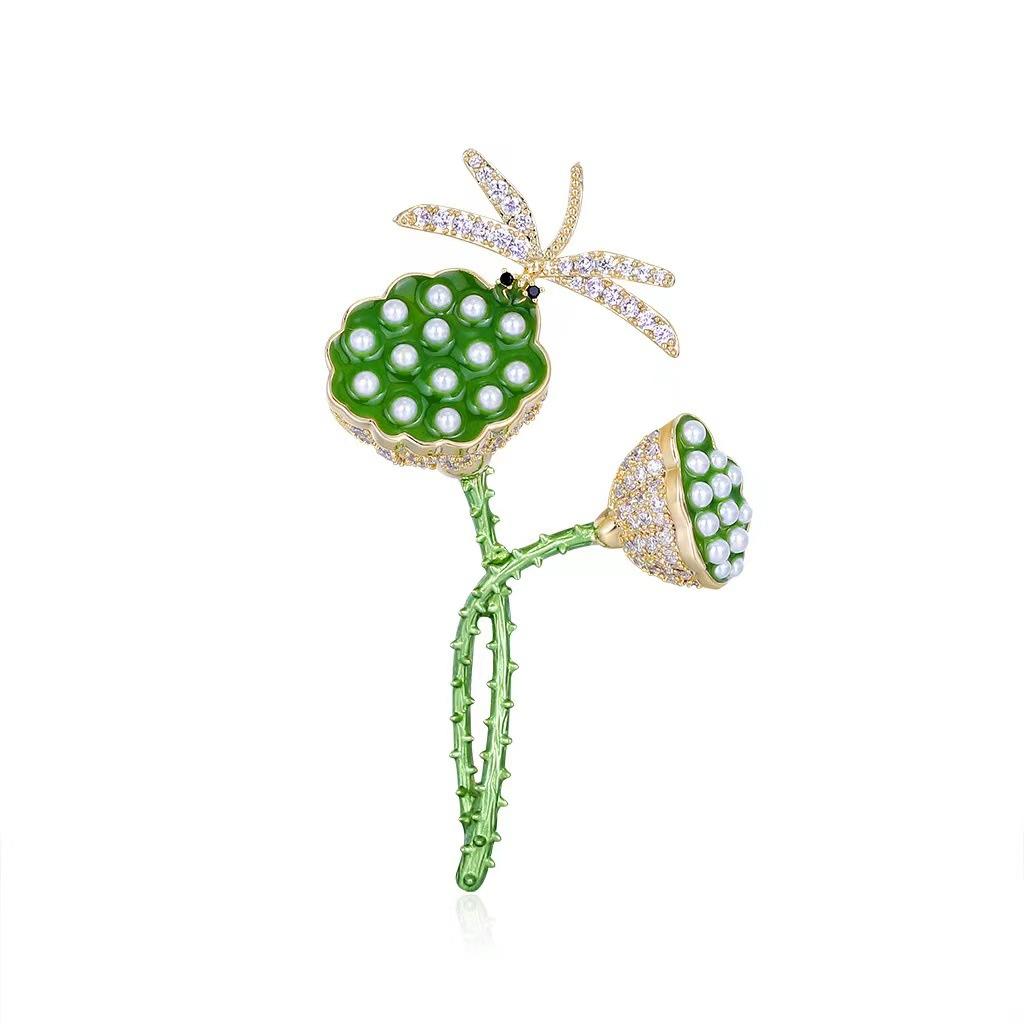 Classic Women Lotus Dragonfly Luxury Crystal Brooch Pin Fashion Plant Rhinestone High Quality Pearl Badges Buckle Party Pins