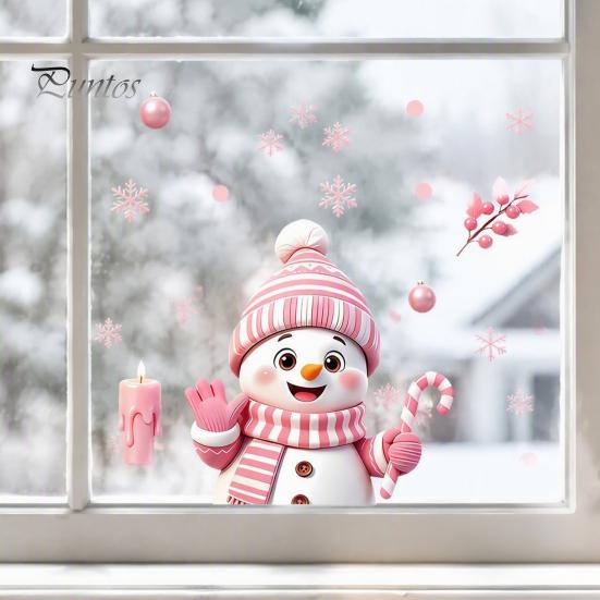 Party Atmosphere Wall Decorations Christmas Snowman Static Glass Stickers, Decorative Pink Decals, Waterproof PVC Creative Gift for Friends