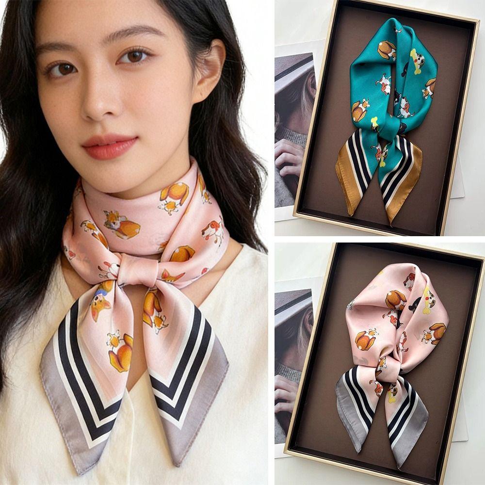 Cartoon Dog Print Women Square Scarf 70x70cm Silk Scarf Cute Shawl  Fashion Accessory
