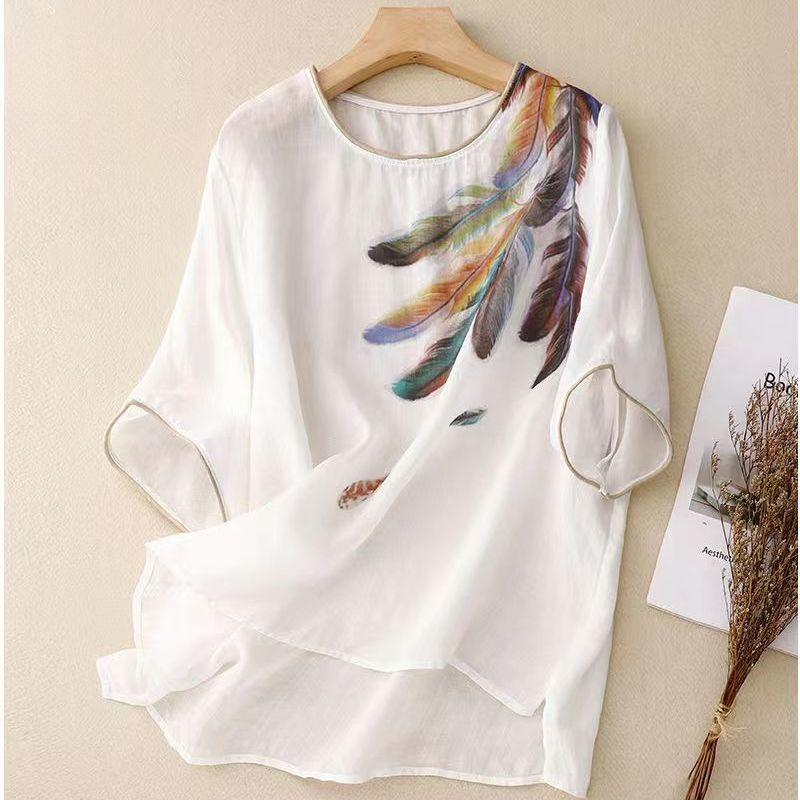 Plus Size Women Loose Cotton Linen Short Sleeve T-shirts Vintage Feather Print Thin Summer Tops Crew Neck Tshirts