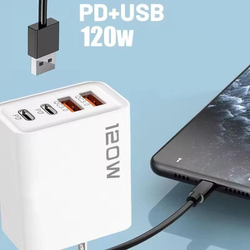 PD 120W 4 porter USB C-lader Hurtiglading 3.0 Type C USB-telefonladere Hurtigladeadapter for Samsung IPhone Xiaomi Huawei