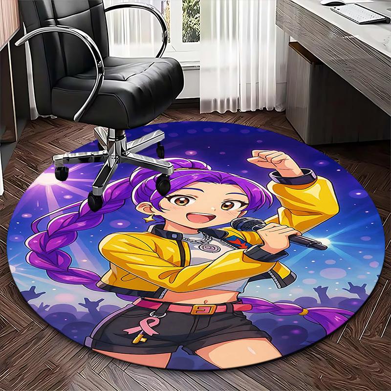 1pc Anime Design Round Carpet - Office Chair Mat with Purple Braid and Pink Ribbon Print, Suitable for Home Decor, Gaming Room