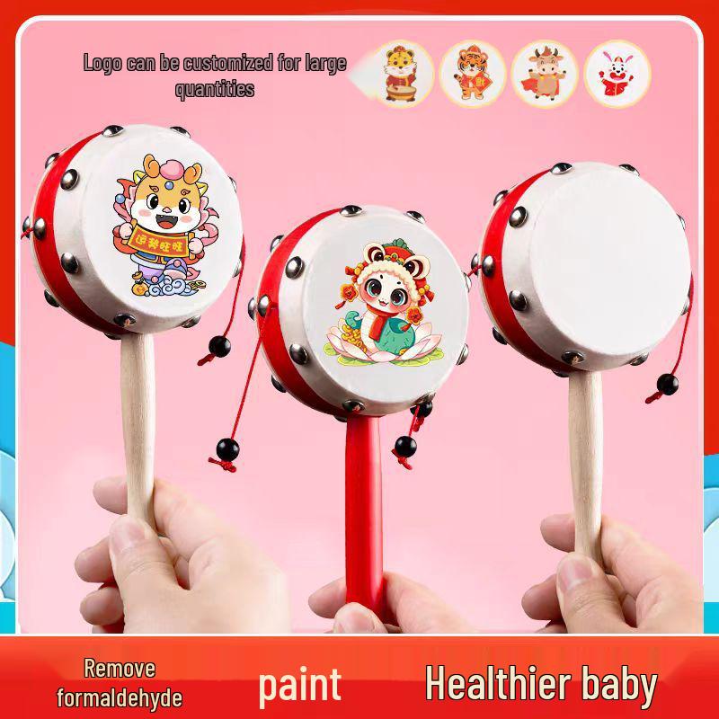 Lambskin Rattle: Wooden Baby Hand-Shaking Drum, Drop-Resistant, Chewable Musical Toy