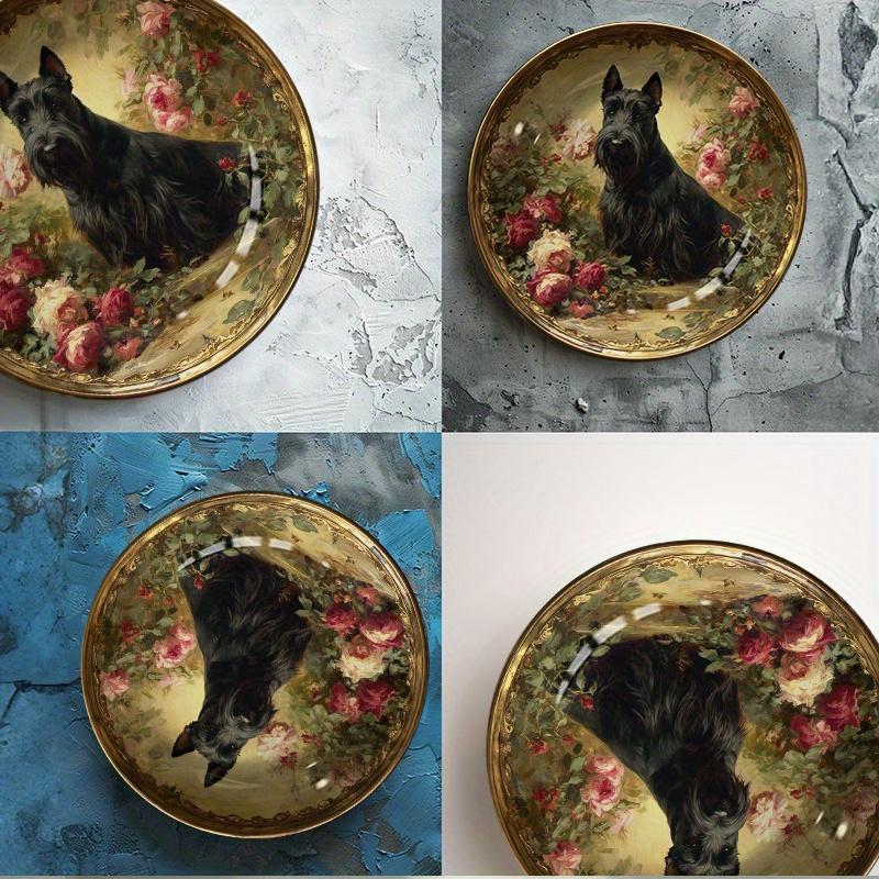 1pc Hand-Painted Scottish Terrier & Rose Garden Ceramic Plate - Round Art Deco Black Dog & Pink Roses Dish, Golden Accent Home