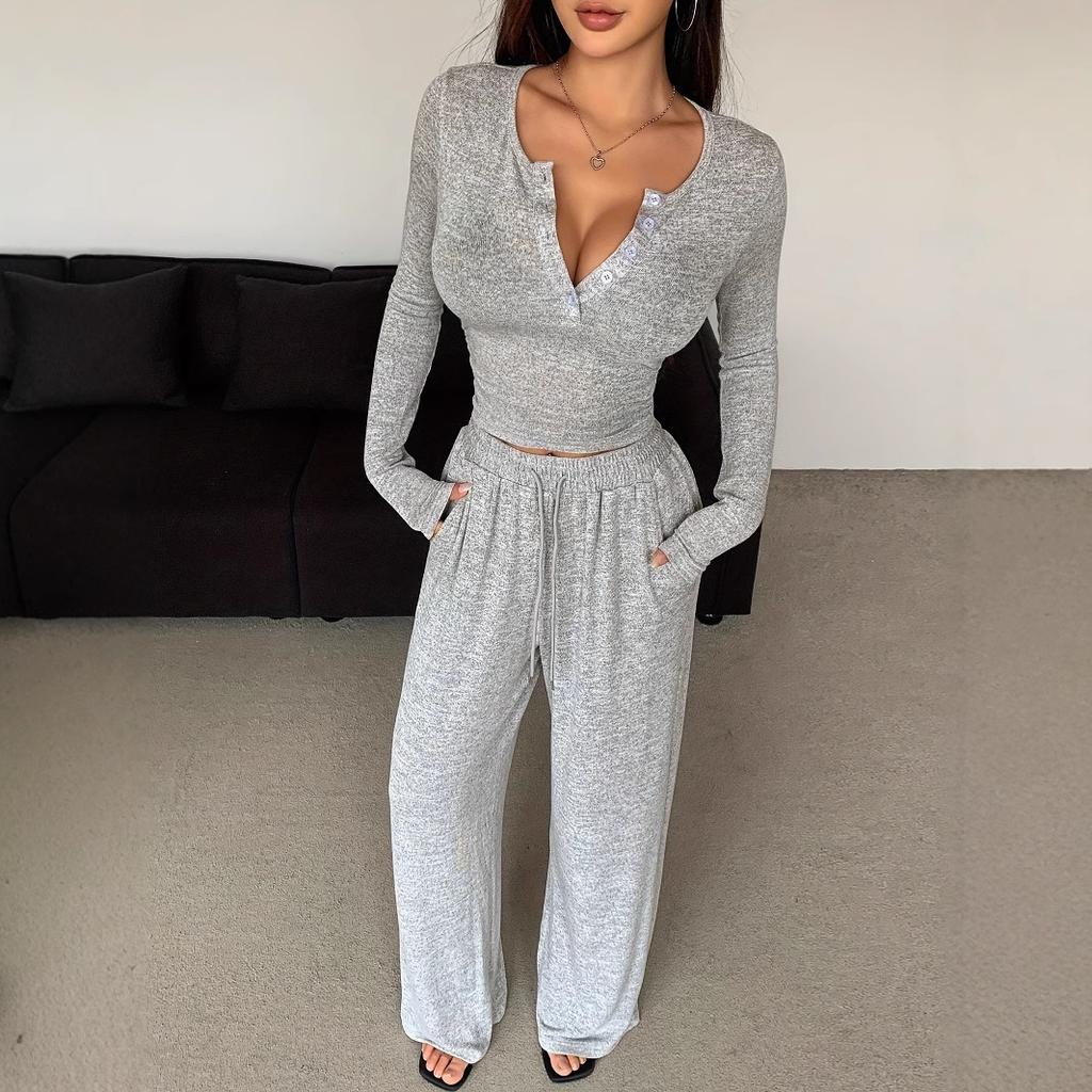 Women's Off Shoulder Button V Neck Cropped Long Sleeve Top Wide Leg Pants 2 Piece Loungewear Set