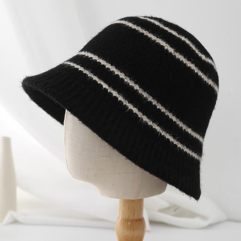 Autumn and Winter Warm Bucket Hat Women's Niche Retro Striped Splicing Basin Hat Women's Wool Knitted Fisherman Hat