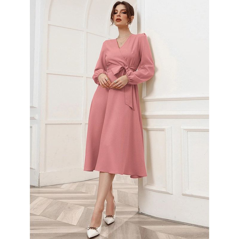 2022 Puff Sleeve Belt V-Neck Large Skirt Women's Dress