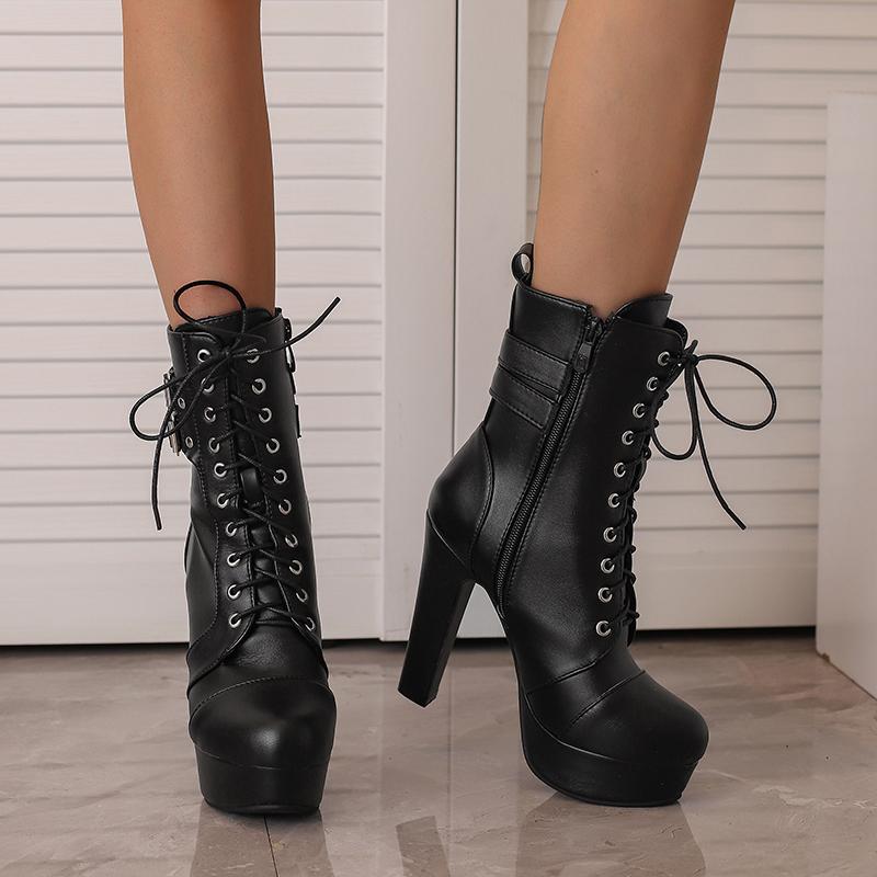 Women's High Heel Short Boots Autumn and Winter New Waterproof Platform Thick Heel Versatile Large Roman Short Boots