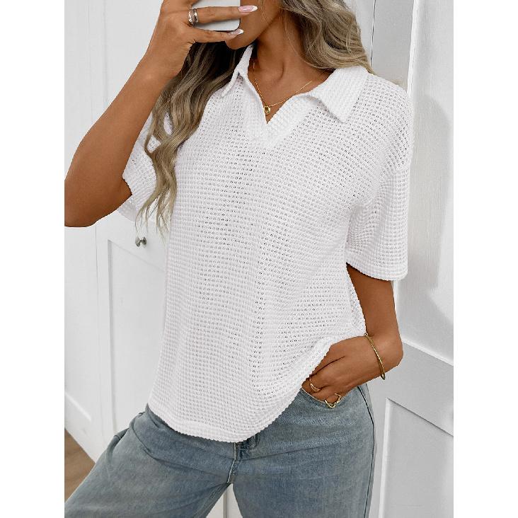 2026 Women s Turn-down Collar Solid Color Knitted Pullover Loose Short Sleeve Casual T-shirt S белый