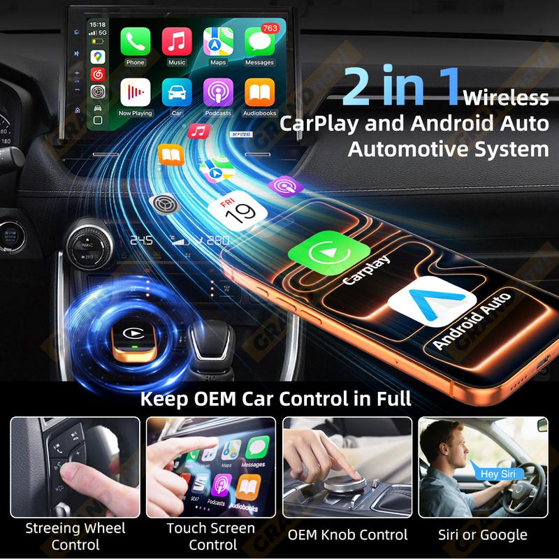 Wireless CarPlay Android Auto Apple Carplay Wireless Android Auto Orange Mini Car Play Adapter 2in1 AI Smart Box Bluetooth