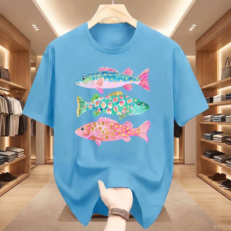 Preppy Fish Tshirt Unisex Summer Coastal Fish Beach Tshirts Causal Round Neck Printed Cotton Short Sleeve T Shirts Unisex Tops