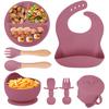 Silikon-Baby-Fütterset, 8 Teile, inklusive Saugnapf, Schüssel, Lätzchen, Löffel, Gabel und Trinklernbecher