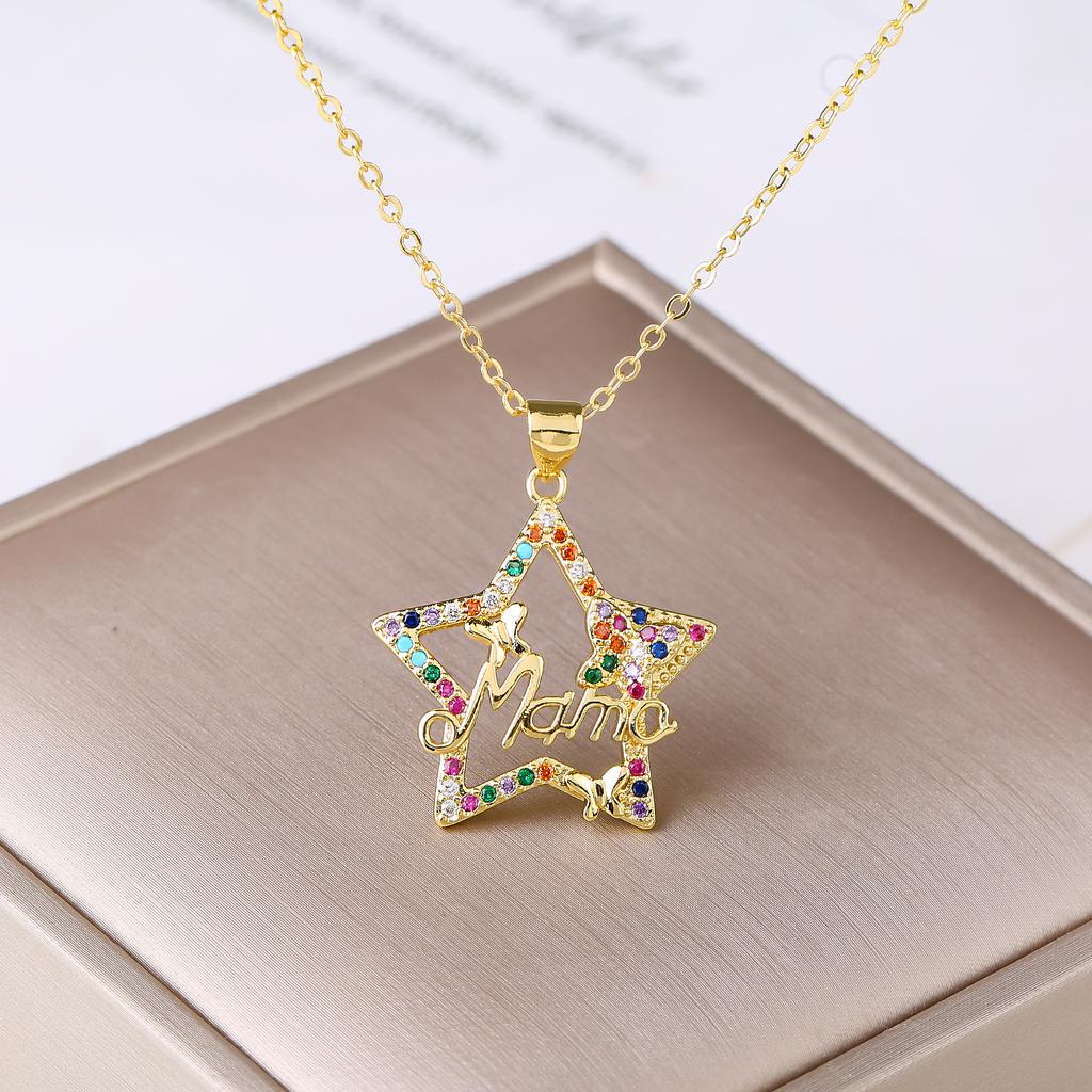 Gold-Plated Colored Zircon Heart Shape MAMA Pendant Necklace Fashion for Women Mom Party Birthday Jewelry Mother's Day Gift