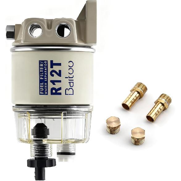 R12T Fuel Water Separator Fuel Filter/Water Separator Marine Complete Kit 10 Micron Filter Replaces Racor S3240 120AT R12T NPT ZG1/4-19 Fit 3/8 Inch