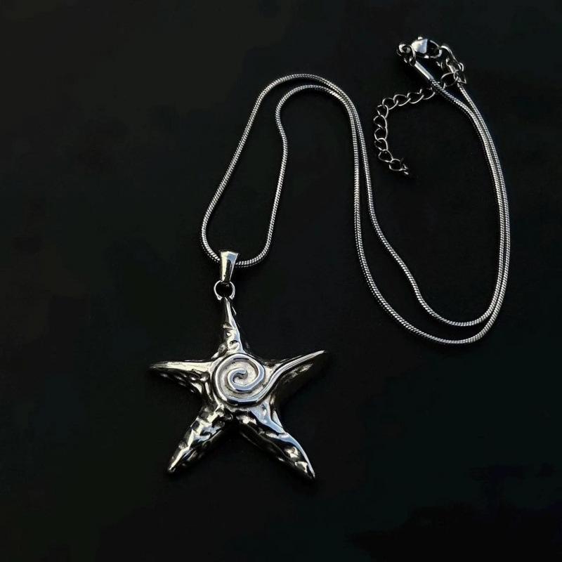 Stainless Steel Starfish Spiral Pendant Necklace with Snake Chain - Rust-Proof, Bohemian, Y2K Minimalist Beach Style