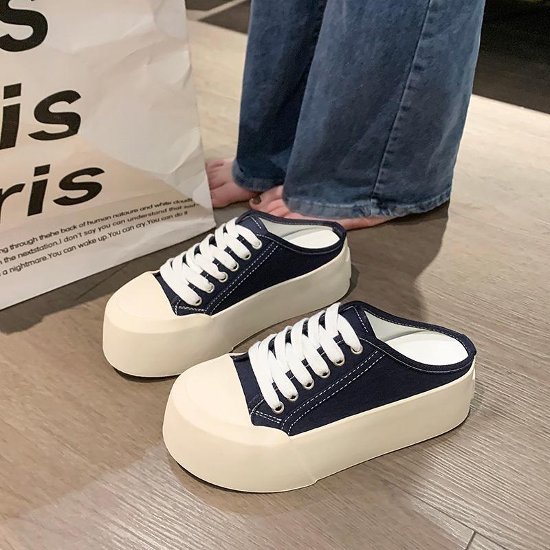 Fashion New Summer Women Slipper Pumps Canvas Skateboard Shoes Internal-increase High Heels Solid Casual Student Outside Female Slippers