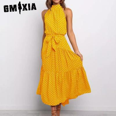 Summer 13 Color Halter Print Polka Dot Lace-up Dress Long Sleeveless Dress