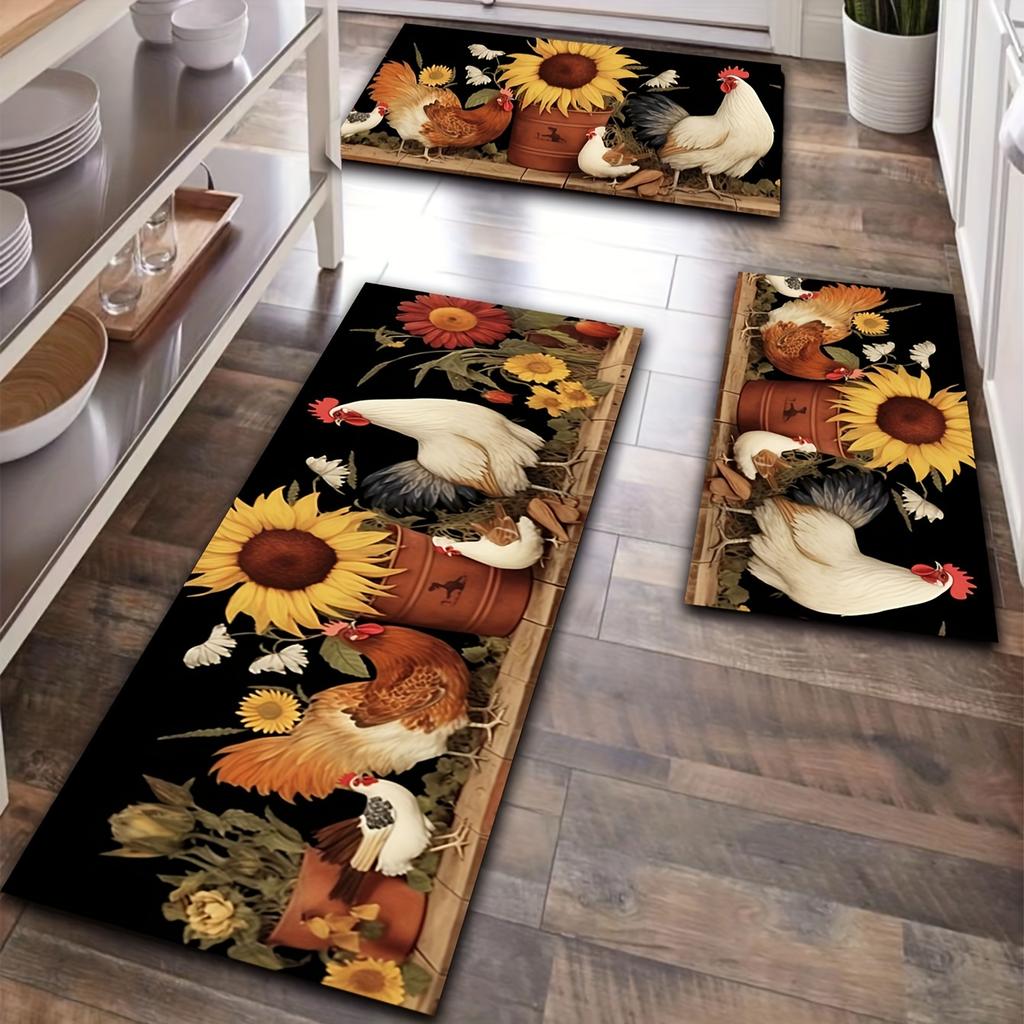 1ks Luxury Rooster Sunflower Print Print Kuchyňská podložka Měkká zahuštěná kuchyňská podložka Vodotěsná Protiskluzová Protiskluzová Podložka proti oleji Podložka na běhání