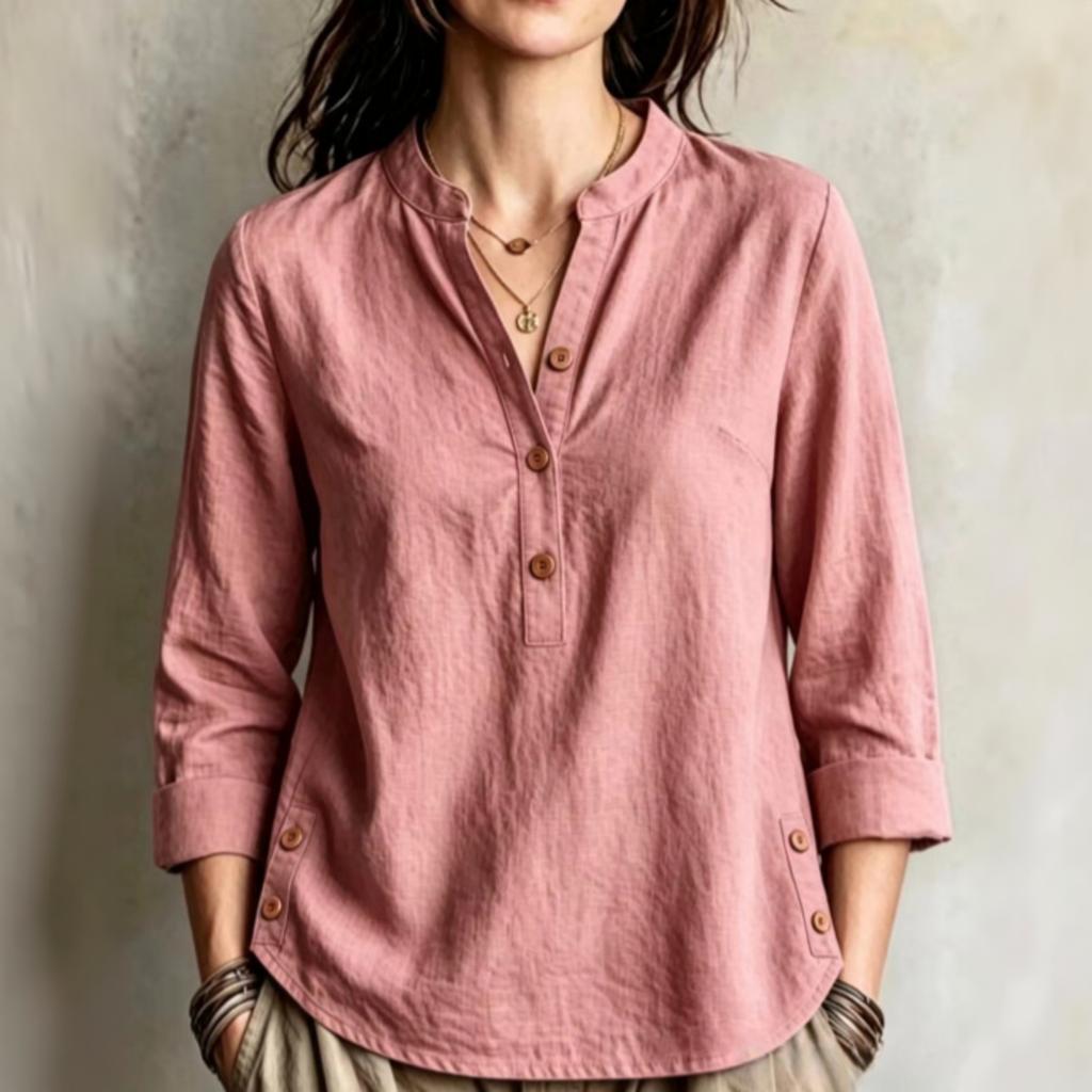 Women's Casual Loose Fit Stand Collar Blouse with Side Buttons