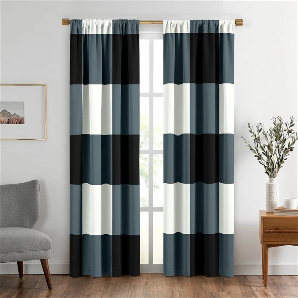 2PCS Abstract Geometric Stripes Rectangles Red Black Modern Light Filtering Curtains for Living Room Bedroom Window Drape Decor