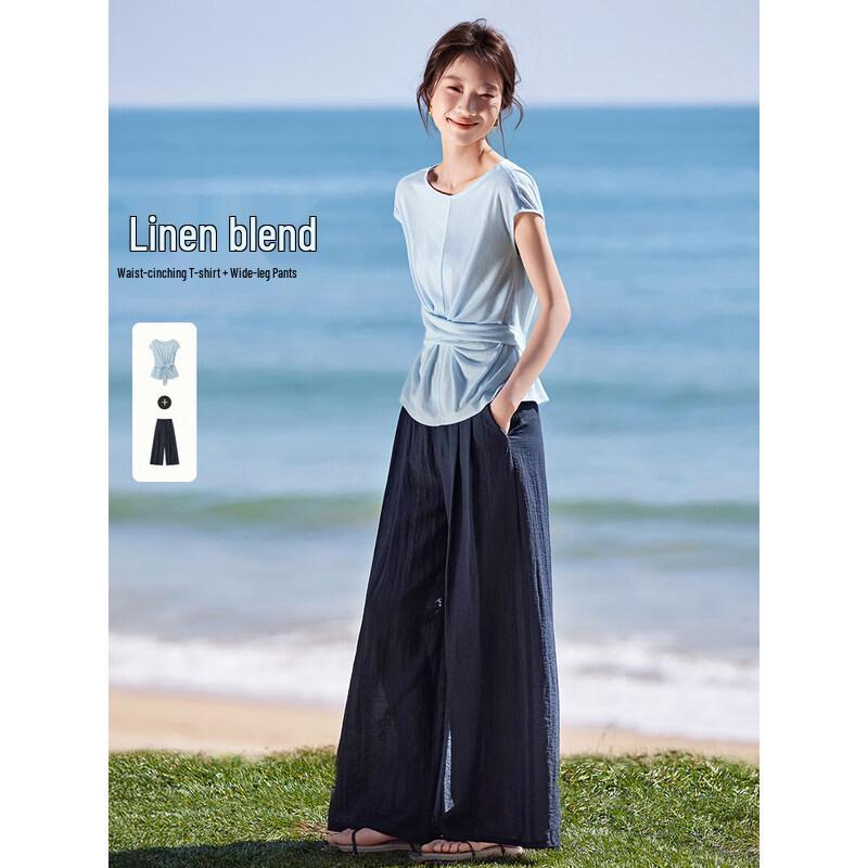 MOHAN YIMEI Linen Blend Off-Shoulder Top & Wide-Leg Pants Set L