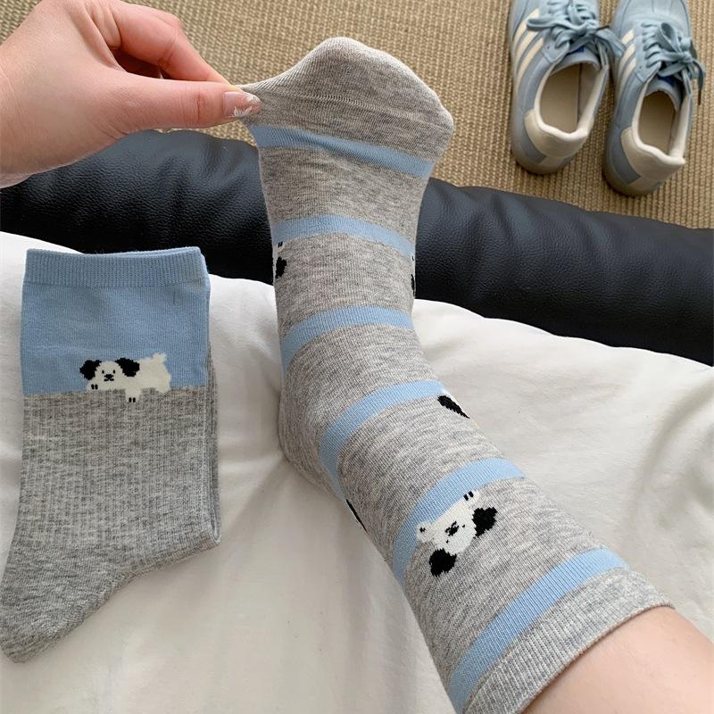 

Female Spring and Autumn Pure Cotton Cartoon Cute Collocation Striped Puppy Preppy Style Boneless Tube Socks 1 pair синій/сірий