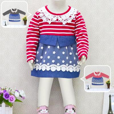 Kid Girls Striped Lace Lace Long Sleeve Wedding Birthday Party Princess Dress Children Pleated Skirt Casual Pattern Cowboy Style Dresses