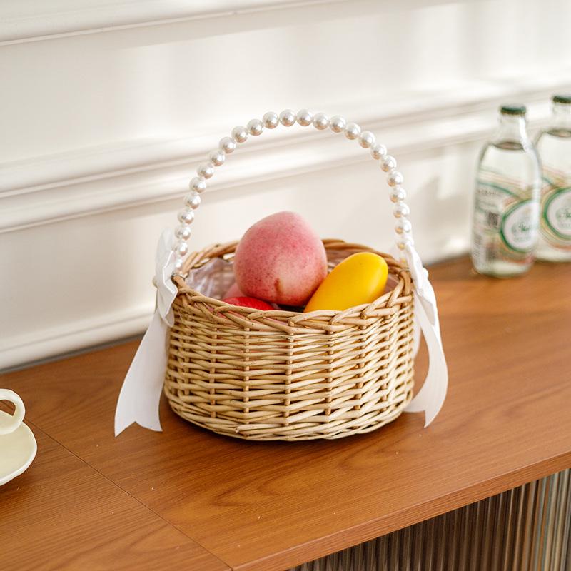 Elegant Pearl Handle Woven Flower Basket for Weddings and Events