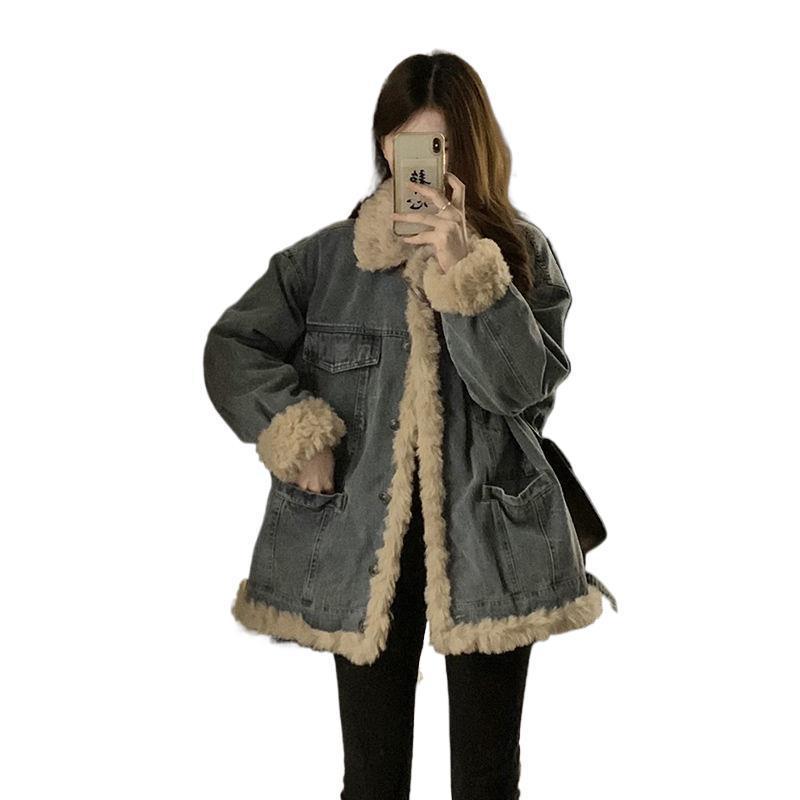 Women's Lambswool Denim Jacket, Autumn/Winter 2025, Loose Fit, Plus Velvet Thick Cotton Coat, Petite Plus Size.