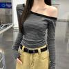 Pure Desire Striped Spicy Girl One-Shoulder Long-Sleeve Cropped Top - Women’s Slim-Fit Autumn 2026