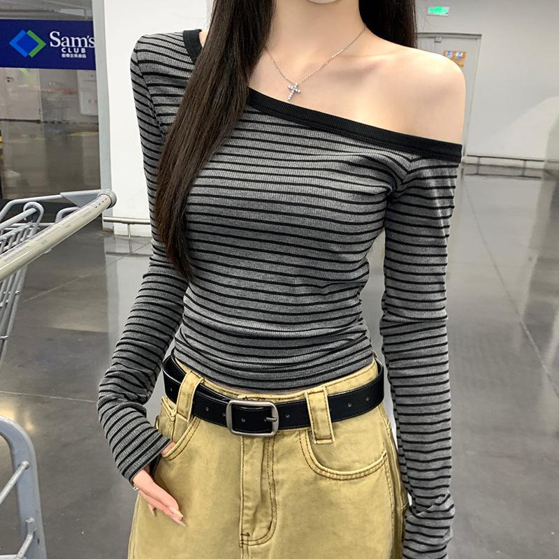 Pure Desire Striped Spicy Girl One-Shoulder Long-Sleeve Cropped Top - Women’s Slim-Fit Autumn 2026