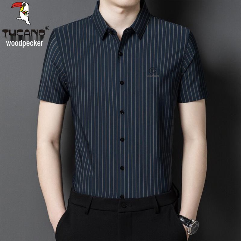 Woodpecker Men's Iron-Free Striped Long Sleeve Shirt – Wrinkle-Resistant, Elastic, Casual Wear for Middle-Aged Men (Spring/Autumn)