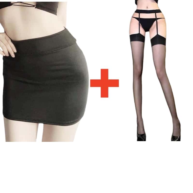 2PCS/SET Women High Waist Pencil Mini Skirts+Stockings Dress Set,Sexy Casual Wrap Hips Black Short Skirt and Pantyhose