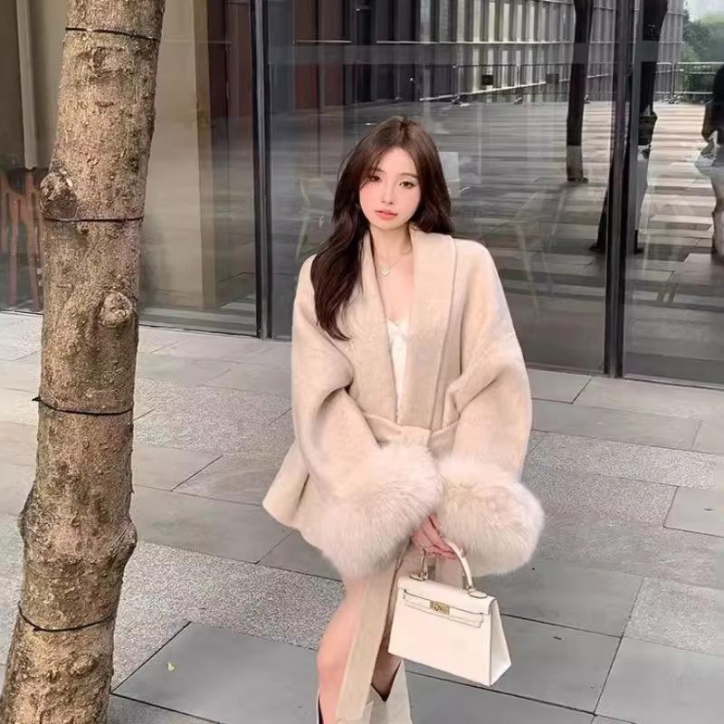 Long Sleeved Loose High-end Coat Medium Length Grey Tie Waist Collection Woolen Coat Women's Autumn Winter