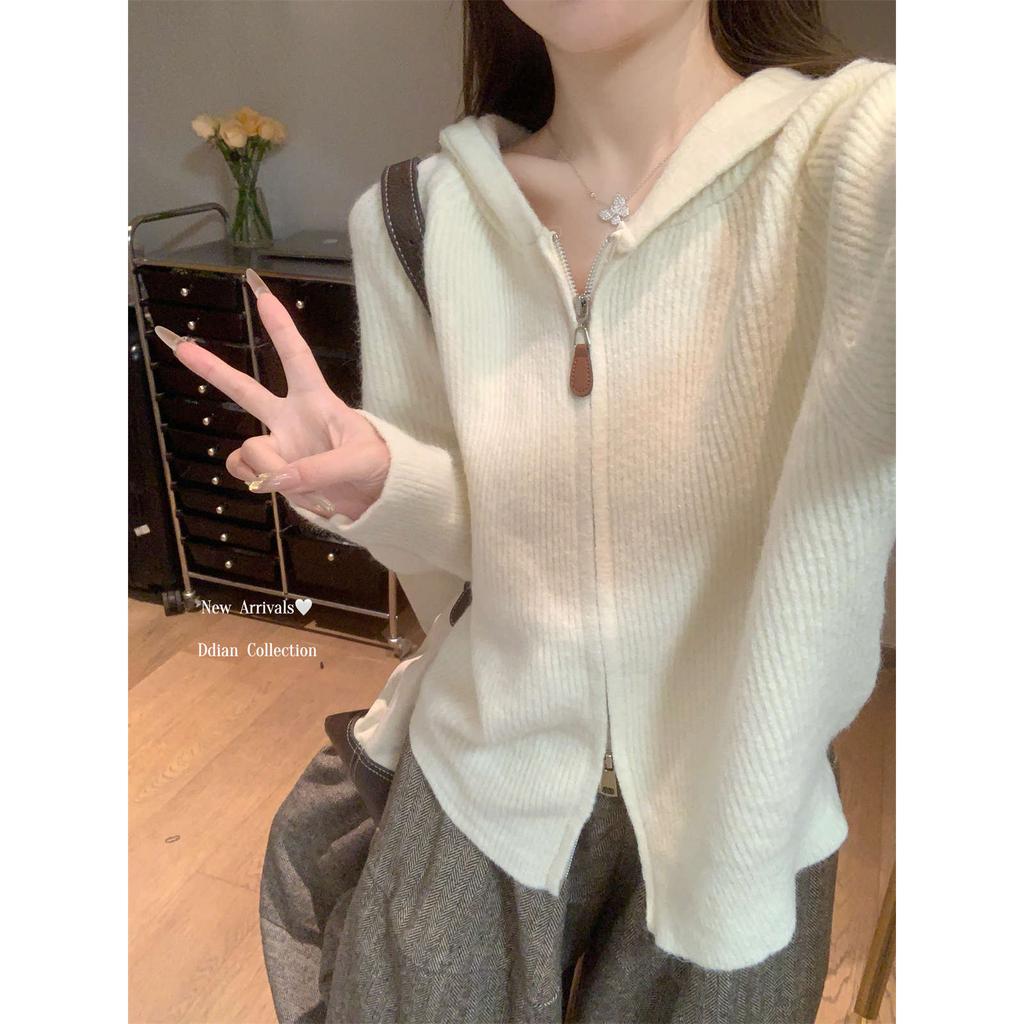 Soft waxy hooded double zipper knitted sweater women's autumn and winter casual lazy style large version long-sleeved jacket high-end top