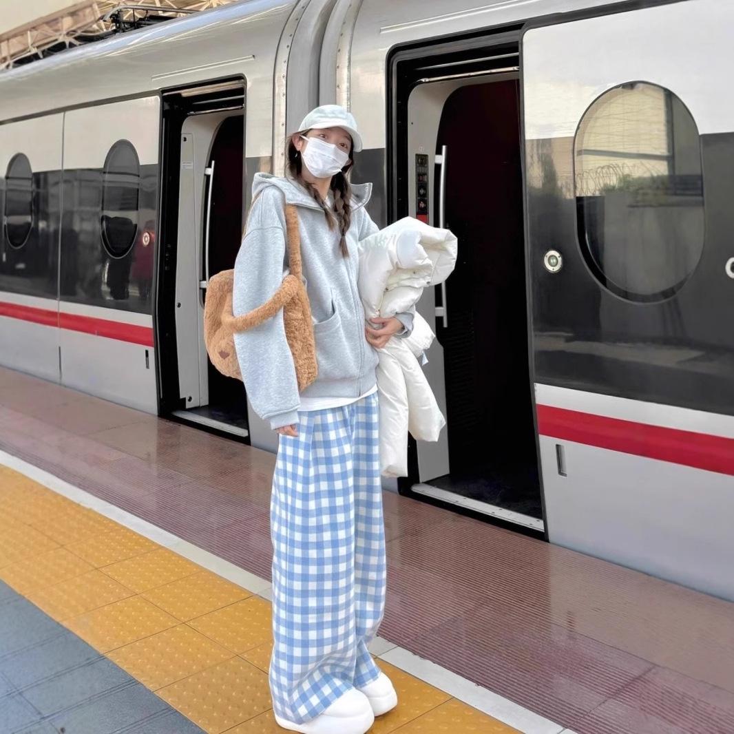 

Women s High-Waisted Blue Plaid Wide-Leg Pants - Spring/Autumn 2025 Collection M Premium синий